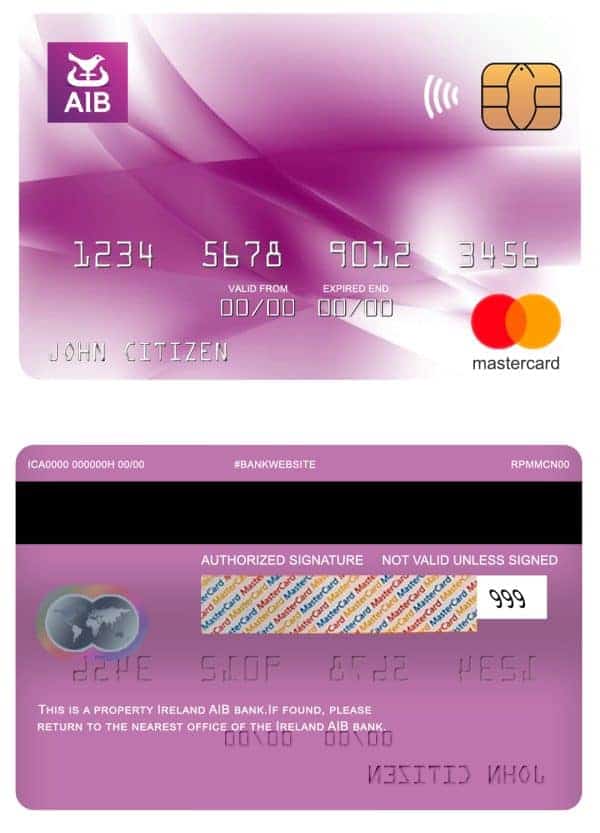 Editable Ireland AIB bank mastercard Templates in PSD Format