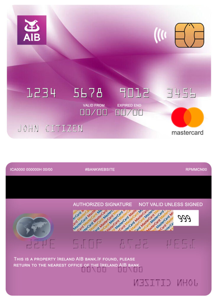 Editable Ireland AIB bank mastercard Templates