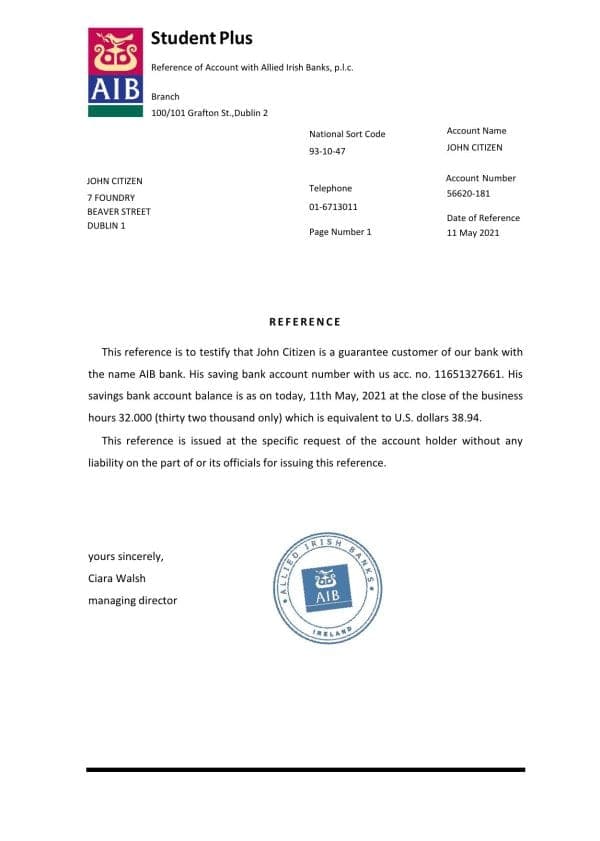Download Ireland AIB Bank Reference Letter Templates | Editable Word