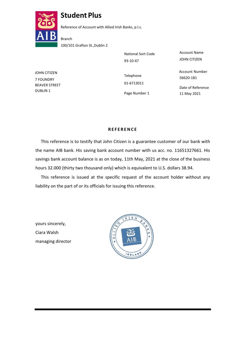 Download Ireland AIB Bank Reference Letter Templates | Editable Word
