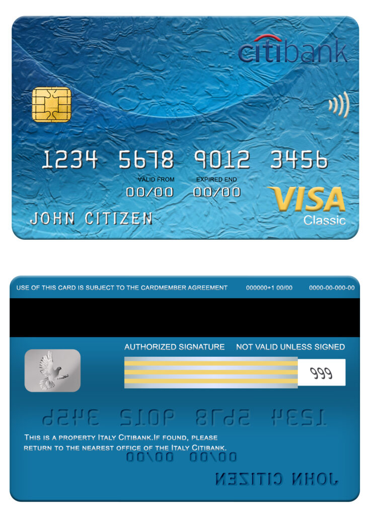Editable Italy Citibank visa classic card Templates in PSD Format