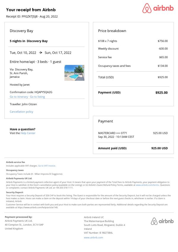 Jamaica Airbnb booking confirmation Word and PDF template