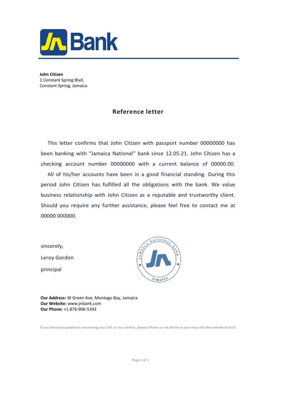 Download Jamaica National Bank Reference Letter Templates | Editable Word