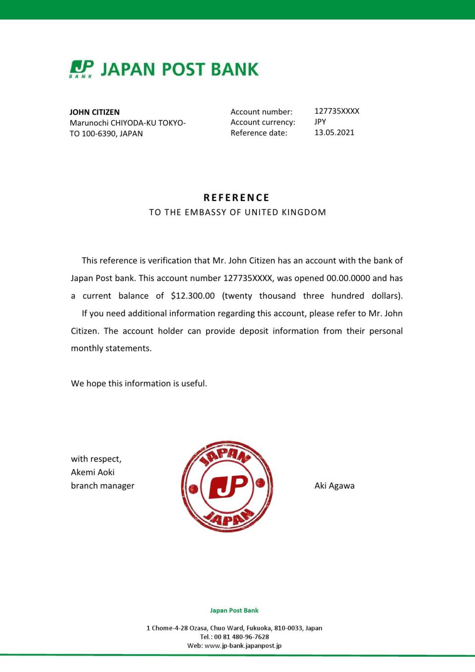 Download Japan Post bank Bank Reference Letter Templates | Editable Word