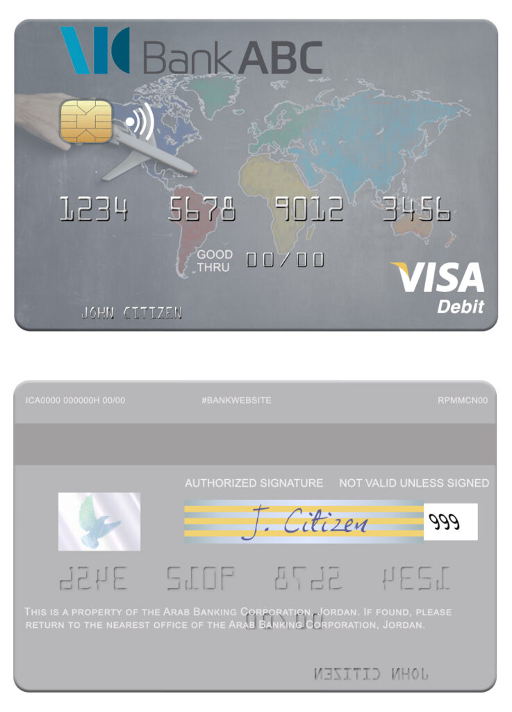 Fillable Jordan Arab Banking Corporation (ABC) visa card Templates | Layer-Based PSD