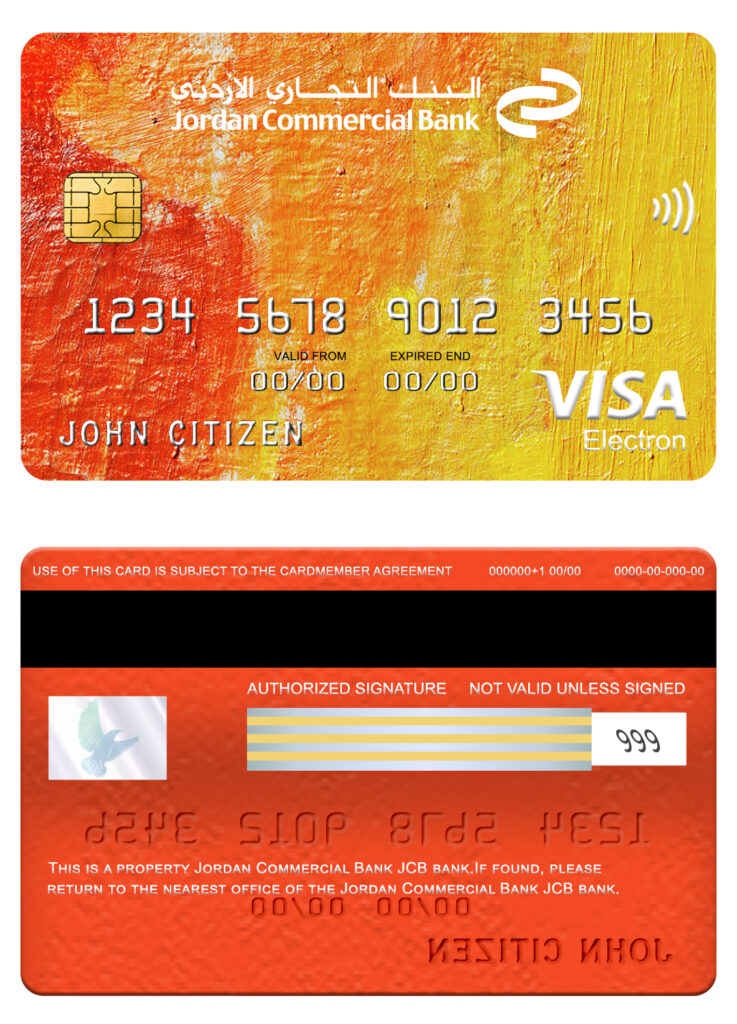 Editable Jordan Commercial Bank JCB bank visa electron card Templates in PSD Format