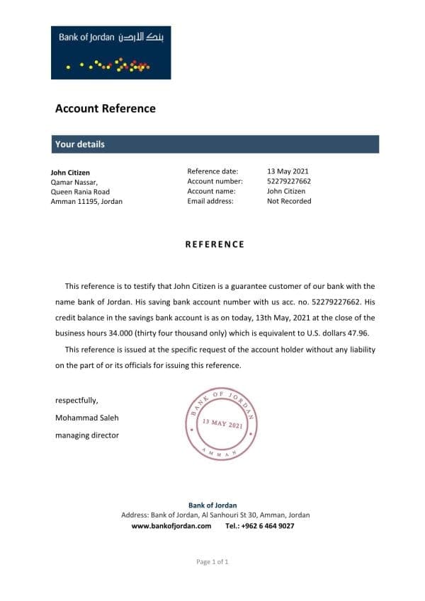 Download Jordan Bank of Jordan Bank Reference Letter Templates | Editable Word