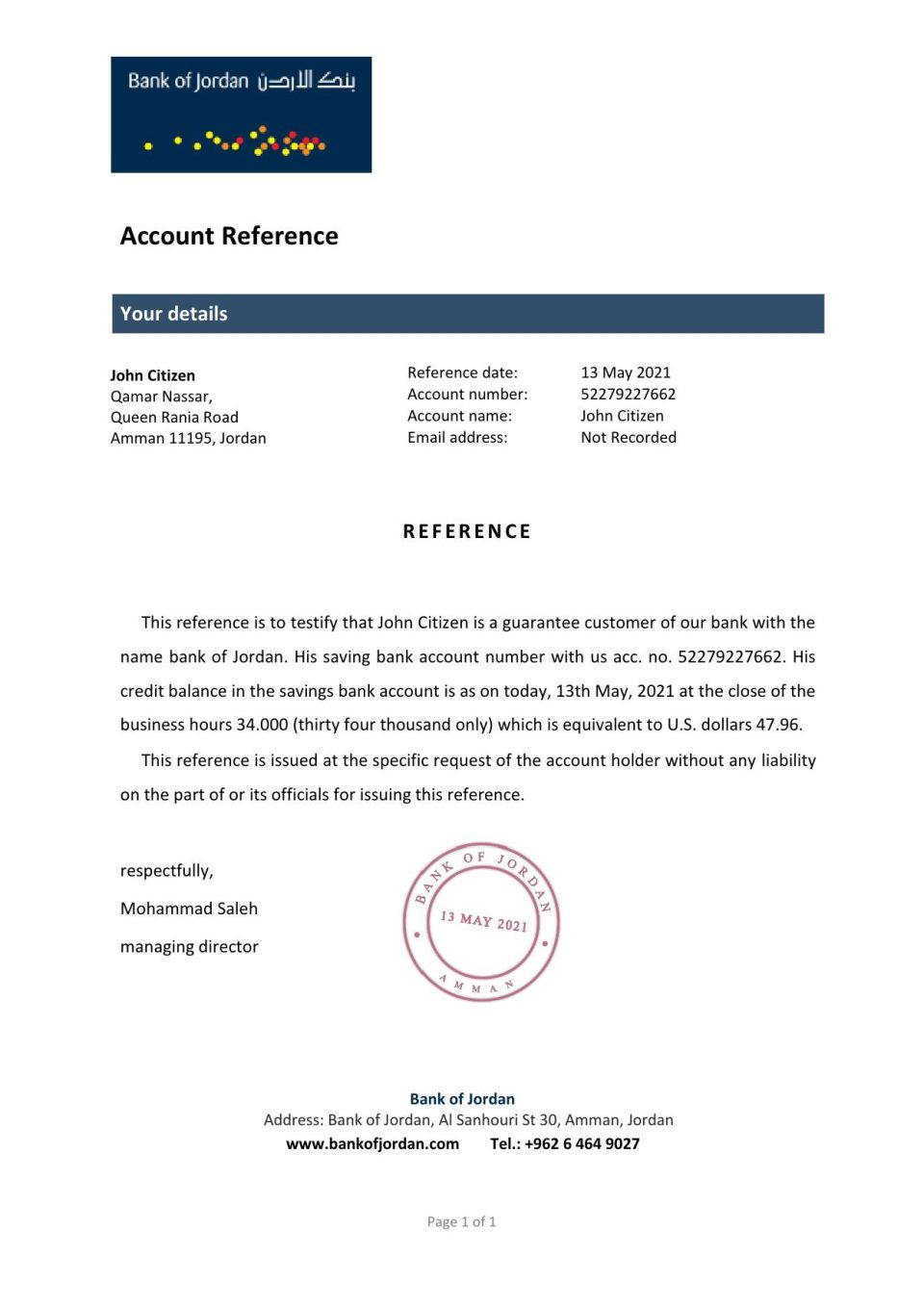 Download Jordan Bank of Jordan Bank Reference Letter Templates | Editable Word