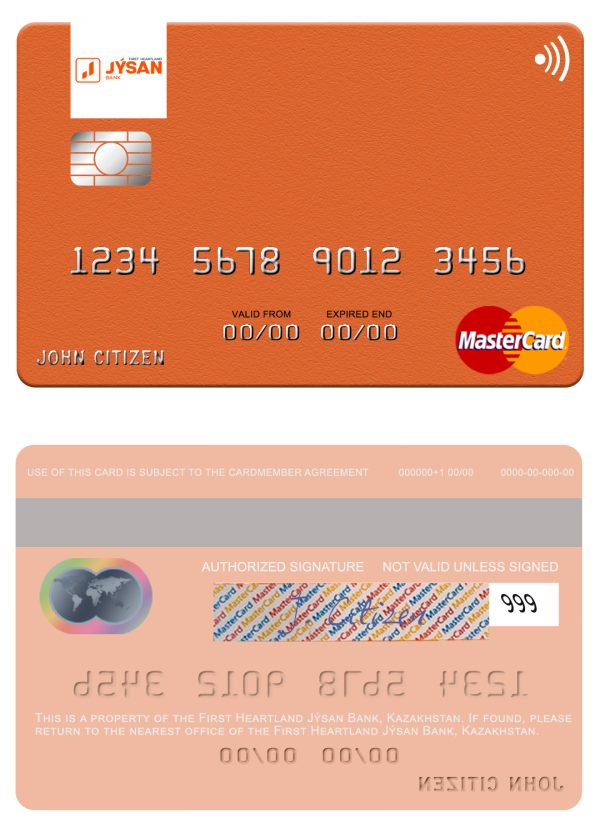Editable Kazakhstan First Heartland Jýsan Bank mastercard Templates in PSD Format