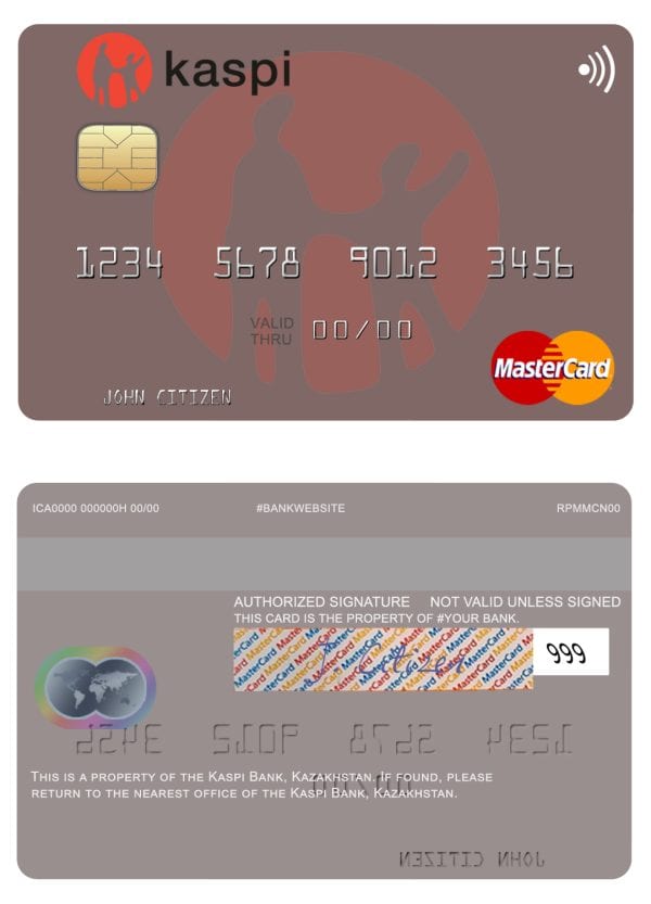 Editable Kazakhstan Kaspi Bank mastercard Templates in PSD Format