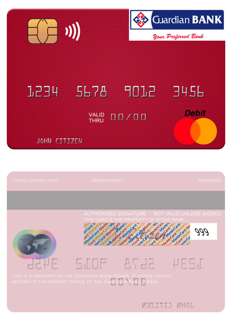 Editable Kenya Guardian Bank mastercard credit card Templates