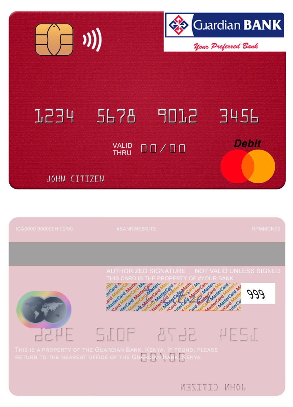 Editable Kenya Guardian Bank mastercard credit card Templates