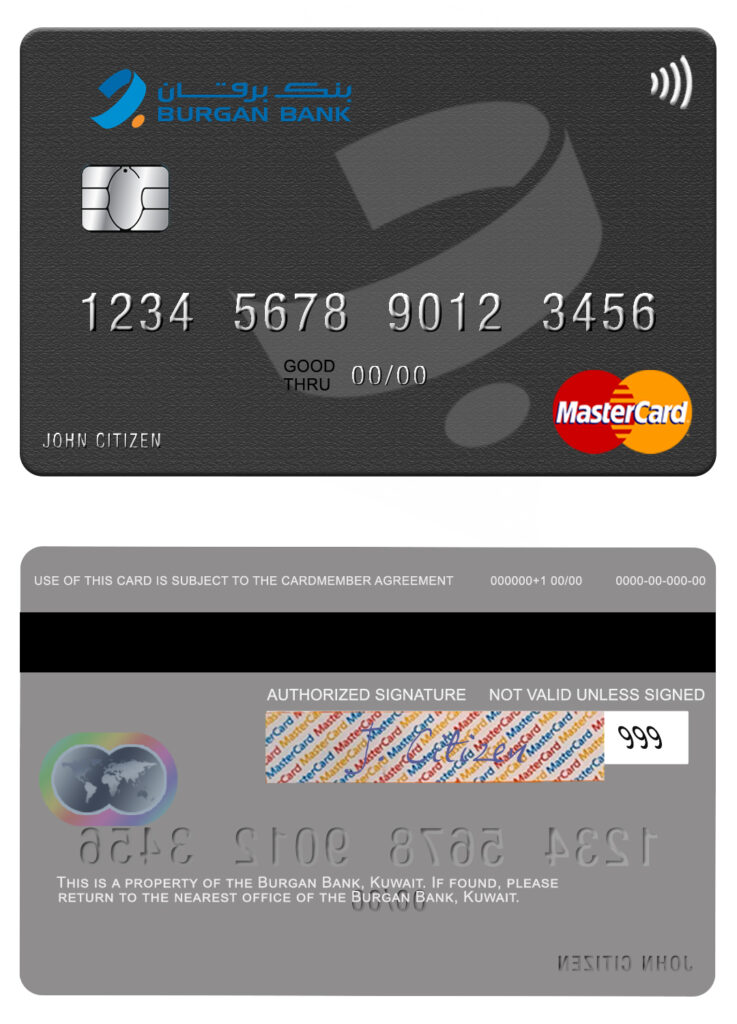 Editable Kuwait Burgan Bank mastercard credit card Templates