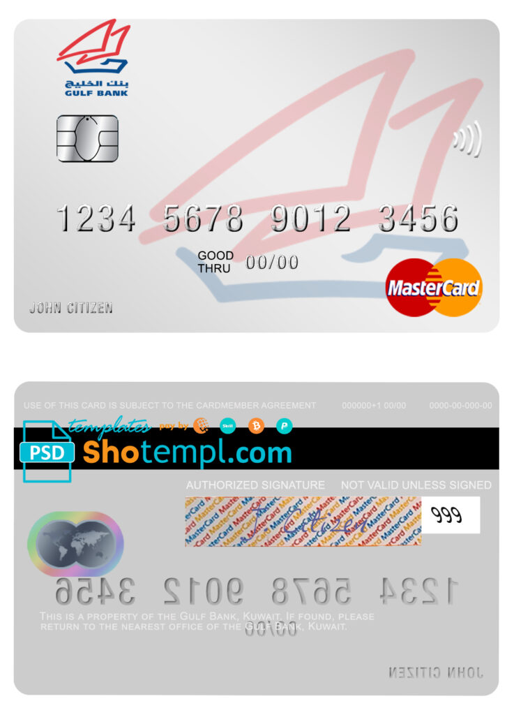 Editable Kuwait Gulf Bank mastercard Templates in PSD Format