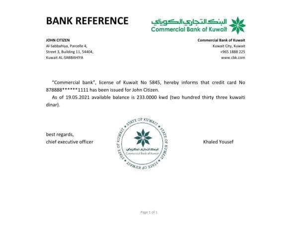 Download Kuwait Commercial Bank of Kuwait Bank Reference Letter Templates | Editable Word