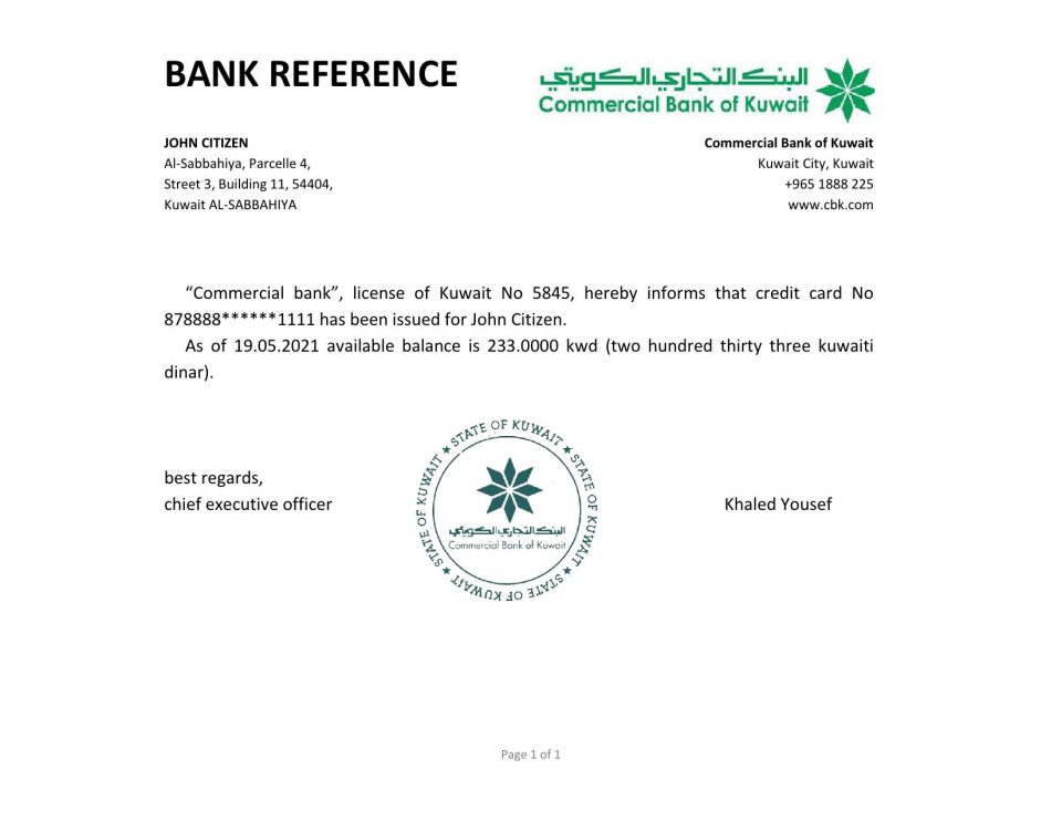 Download Kuwait Commercial Bank of Kuwait Bank Reference Letter Templates | Editable Word