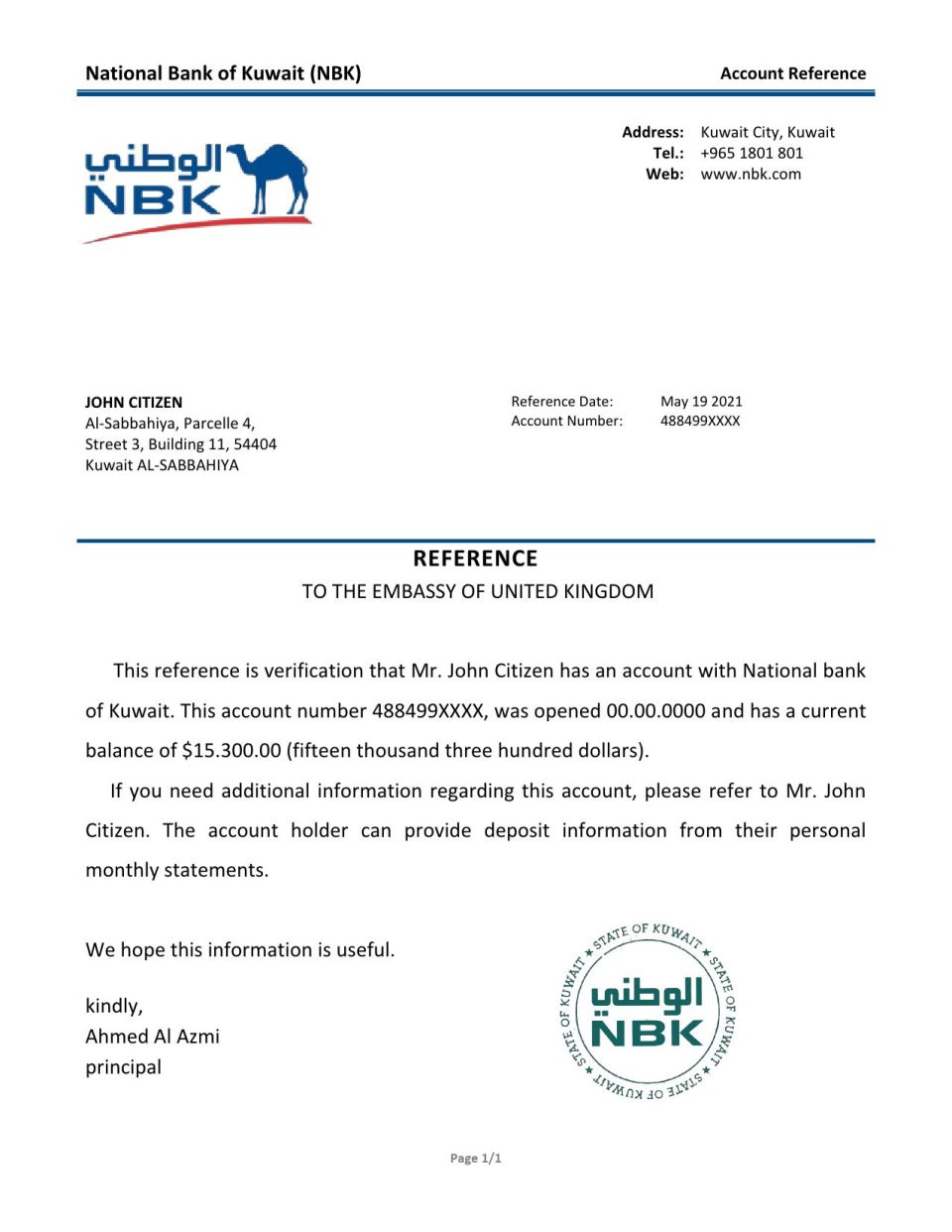 Download Kuwait National Bank of Kuwait Bank Reference Letter Templates | Editable Word