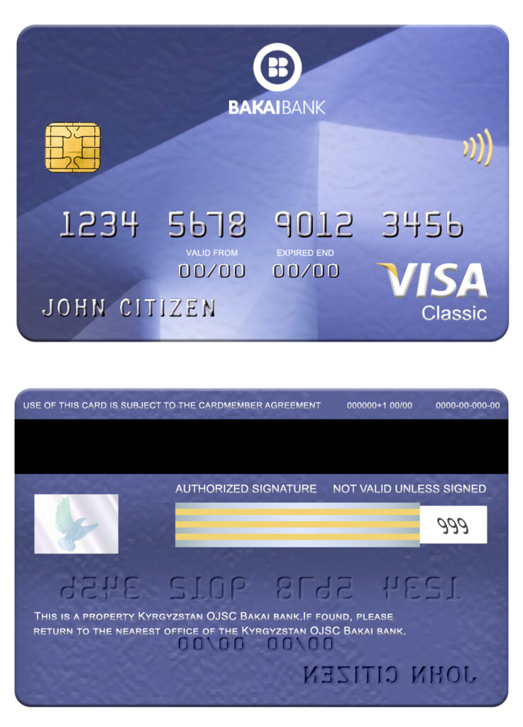Fillable Kyrgyzstan OJSC Bakai bank visa classic card Templates | Layer-Based PSD
