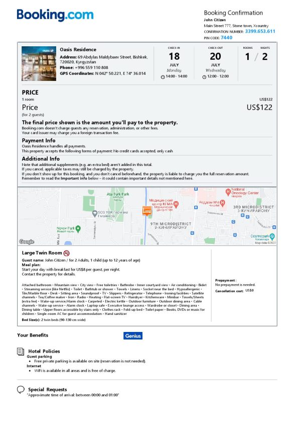 Kyrgyztsan hotel booking confirmation Word and PDF template, 2 pages