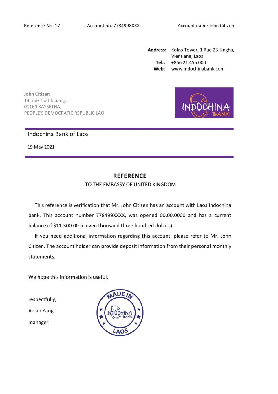 Download Laos Indochina Bank Reference Letter Templates | Editable Word