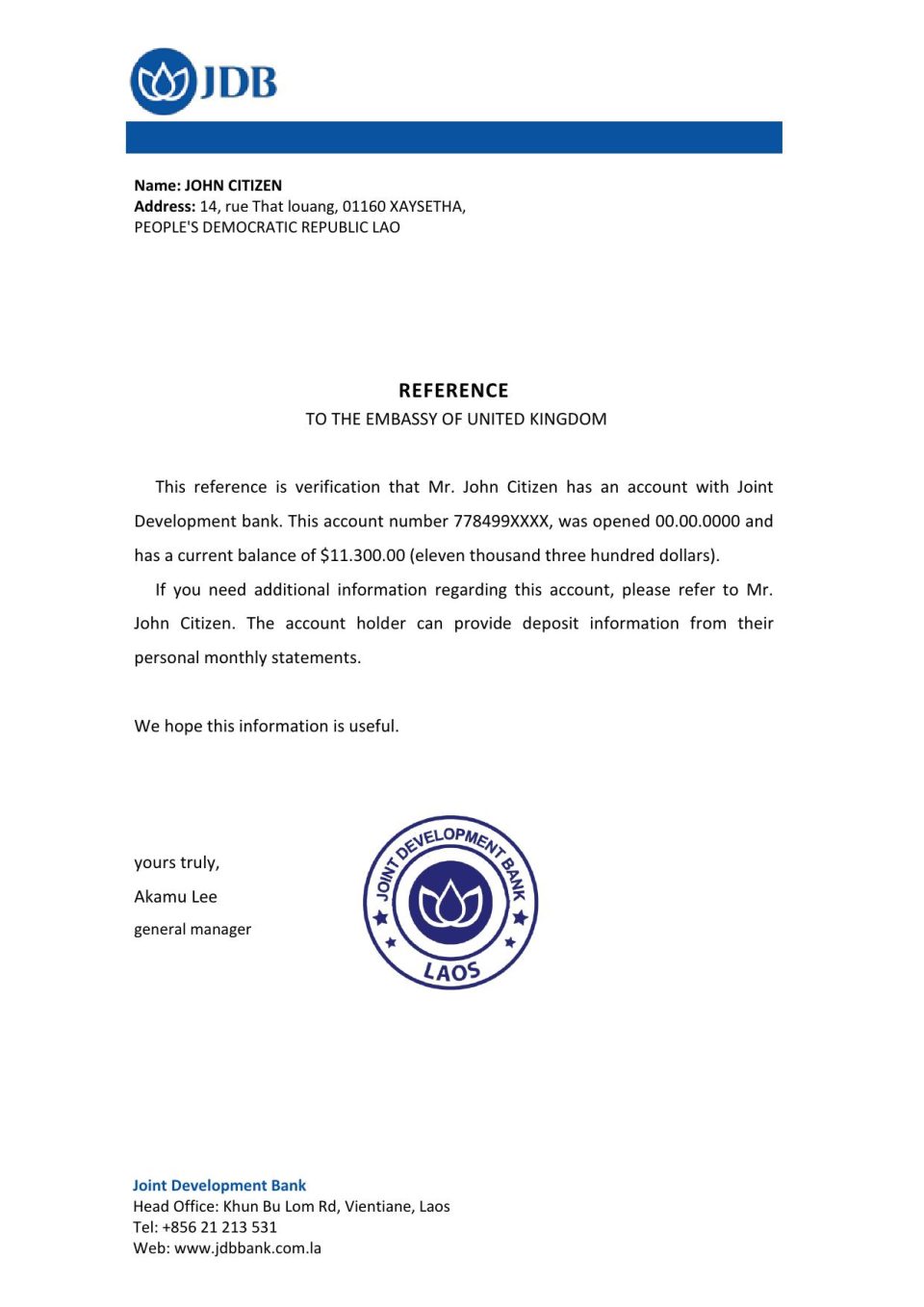 Download Laos Joint Development Bank Reference Letter Templates | Editable Word