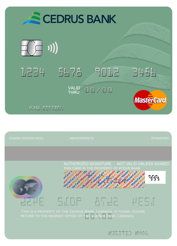 Editable Lebanon Cedrus Bank mastercard Templates in PSD Format