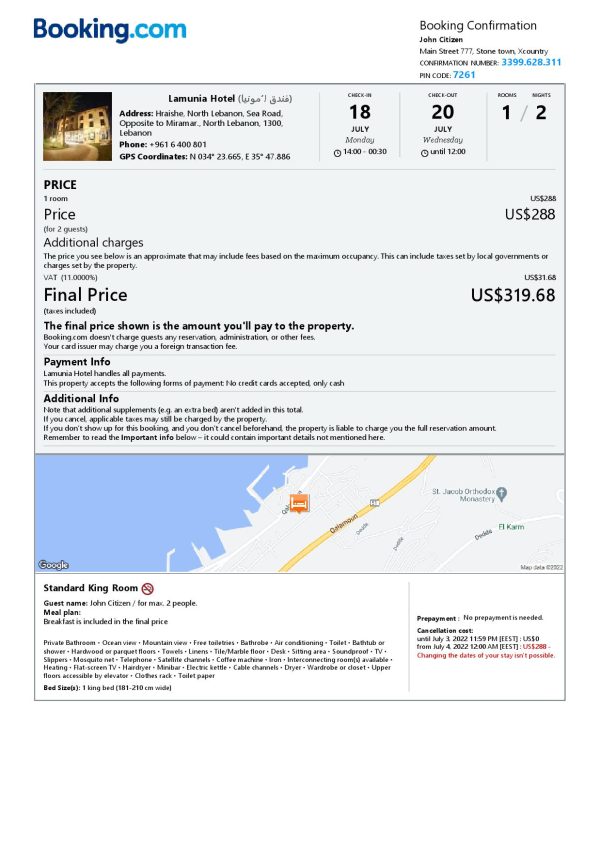 Lebanon hotel booking confirmation Word and PDF template, 2 pages