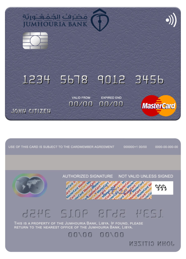 Editable Libya Jumhouria Bank mastercard Templates