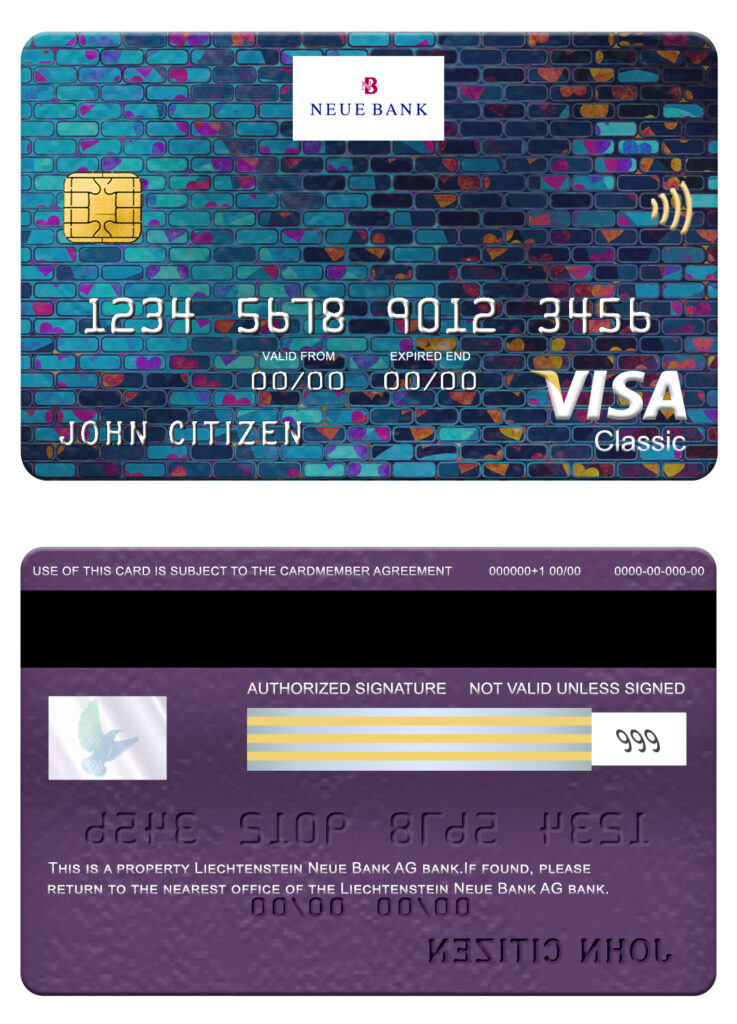 Editable Liechtenstein Neue bank visa classic card Templates in PSD Format