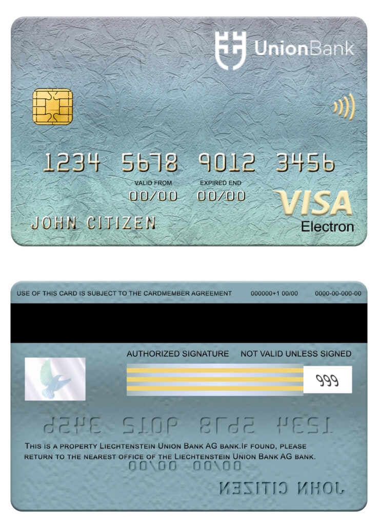 Editable Liechtenstein Union bank visa electron card Templates
