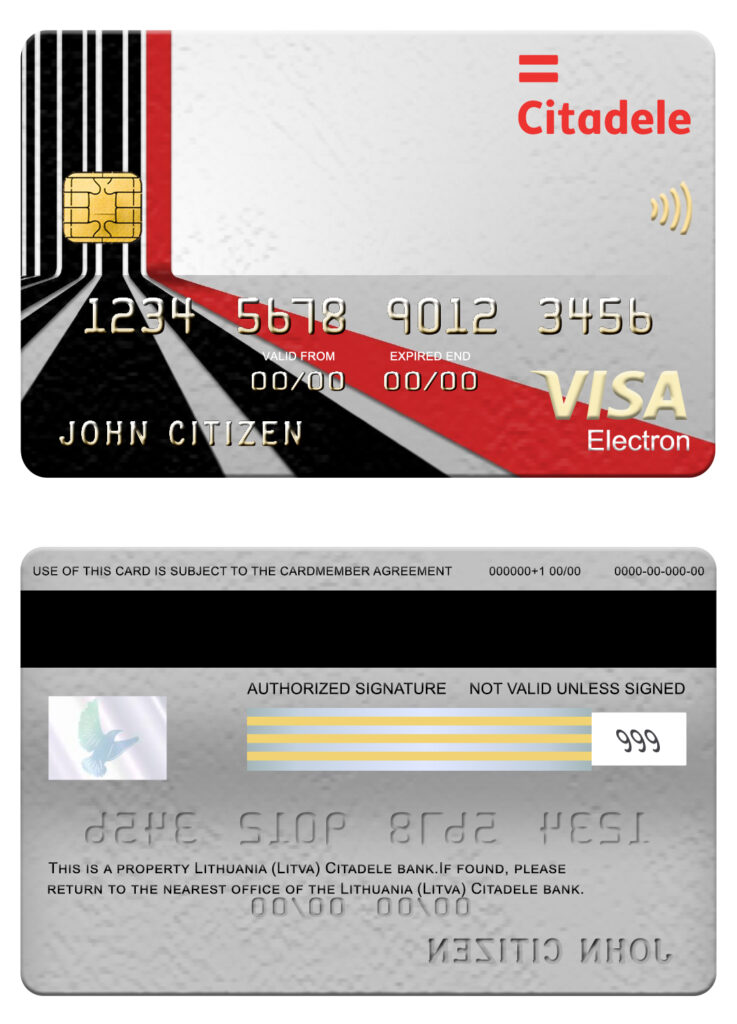 Editable Lithuania (Litva) Citadele bank visa electron card Templates in PSD Format