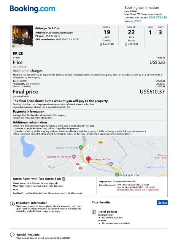 Editable Luxembourg Hotel Booking Form Template | Fillable PDF