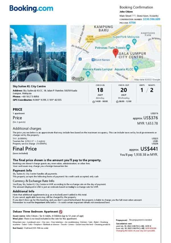 Editable Malaysia Hotel Booking Form Template | Fillable PDF