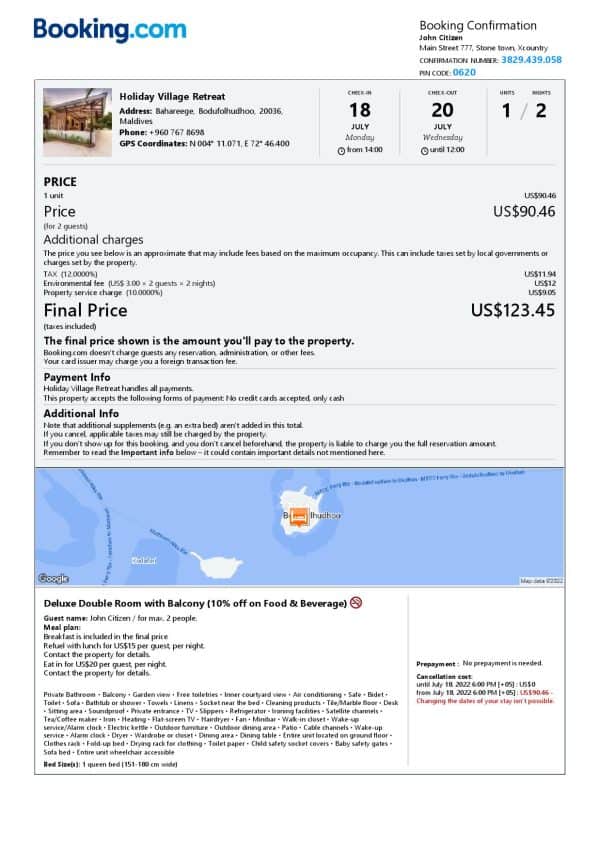 Editable Maldives Hotel Booking Form Template | Fillable PDF