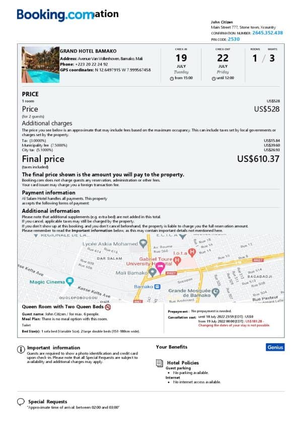 Editable Mali Hotel Booking Form Template | Fillable PDF