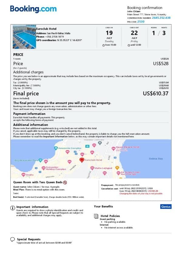 Editable Malta Hotel Booking Form Template | Fillable PDF