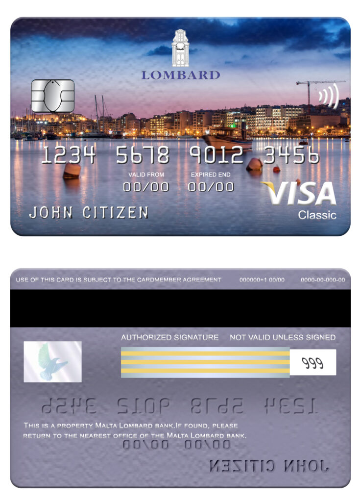 Editable Malta Lombard bank visa classic card Templates