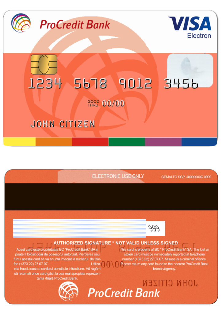 Fillable Moldova ProCredit bank visa electron credit card Templates | Layer-Based PSD