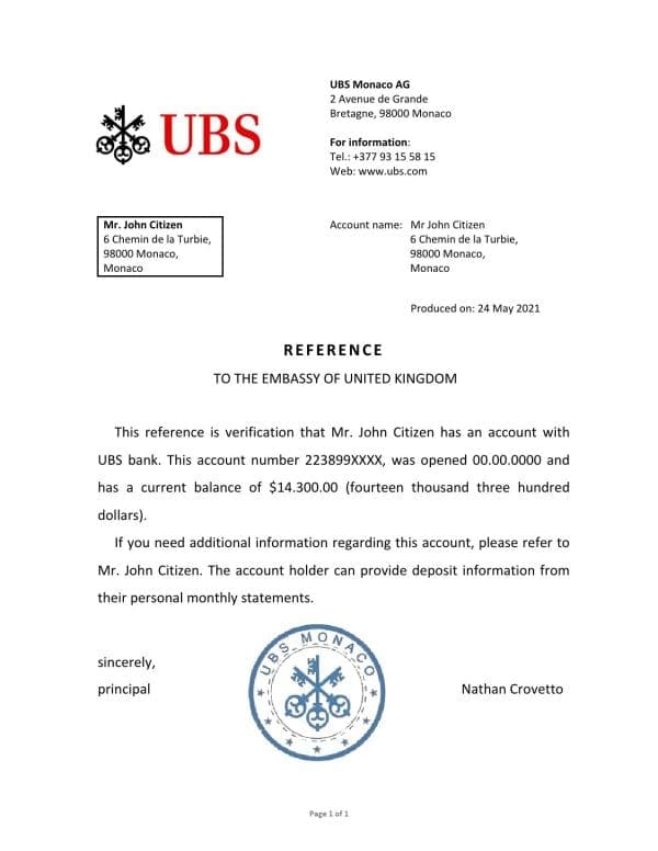 Download Monaco UBS Bank Reference Letter Templates | Editable Word