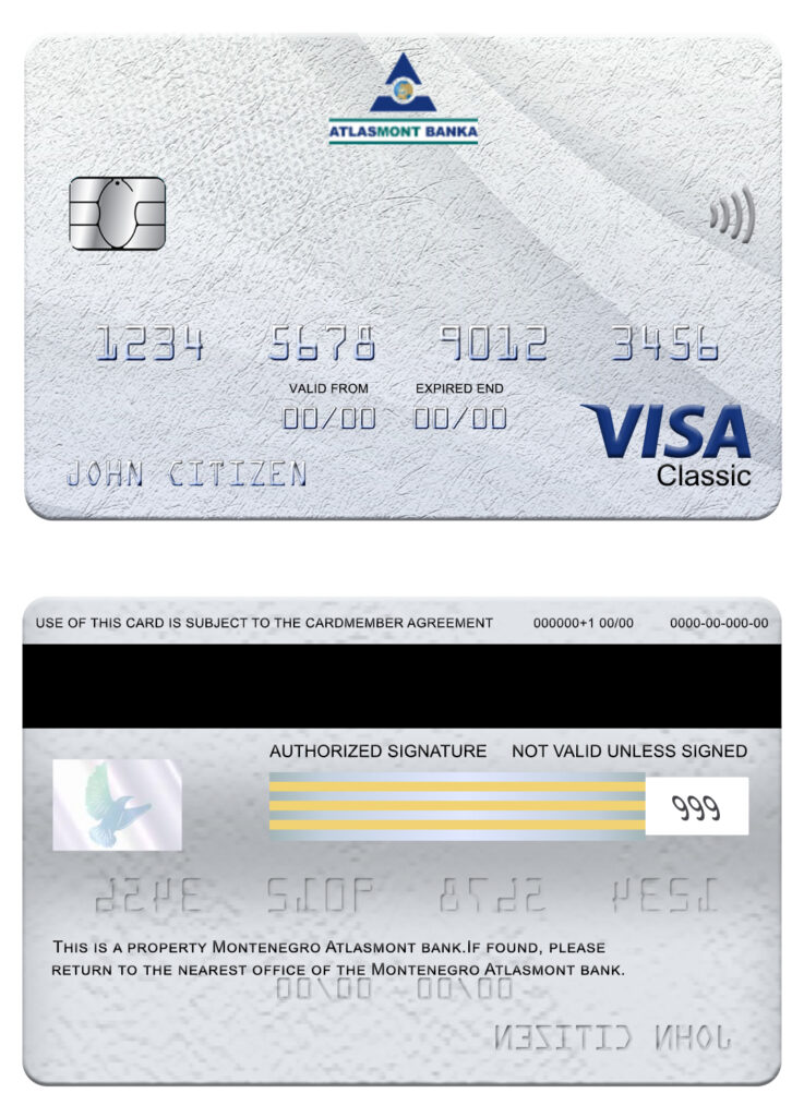 Editable Montenegro Atlasmont bank visa classic card Templates in PSD Format
