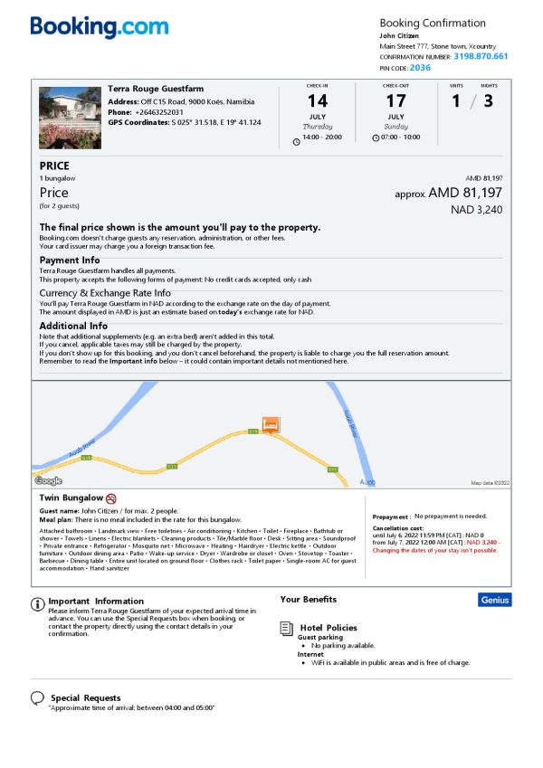 Namibia hotel booking confirmation Word and PDF template, 2 pages