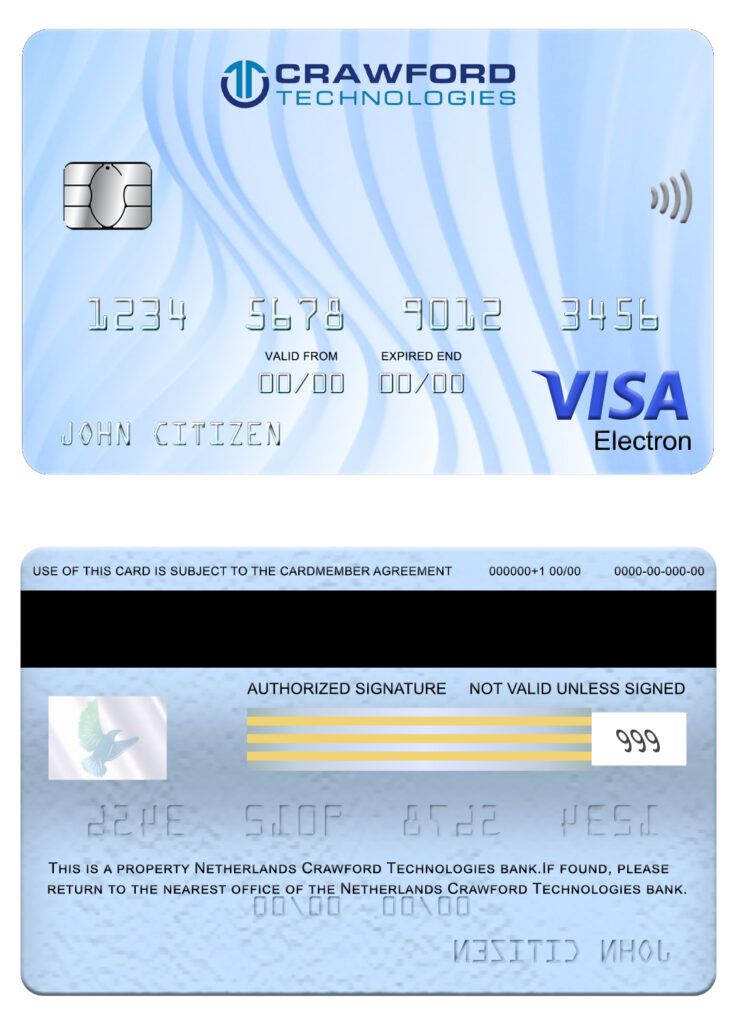 Editable Netherlands (Holland) Crawford Technologies bank visa electron card Templates in PSD Format