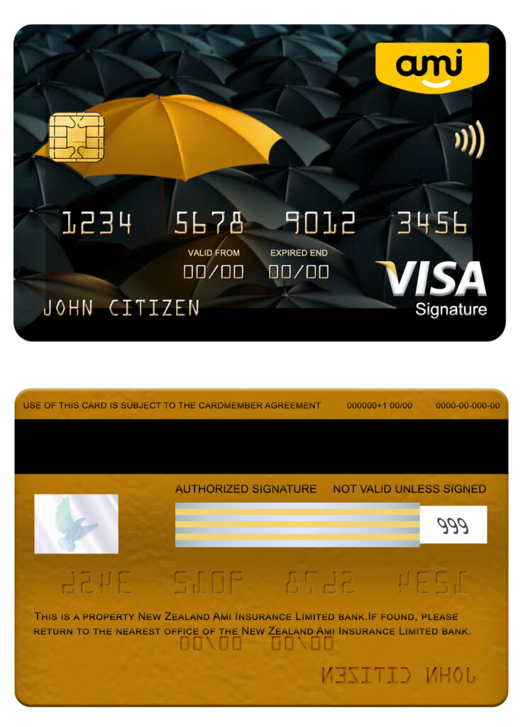 Editable New Zealand Ami Insurance Limited bank visa signature card Templates in PSD Format