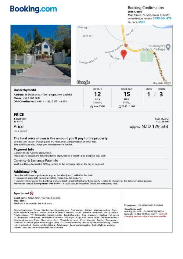 New Zealand hotel booking confirmation Word and PDF template, 2 pages