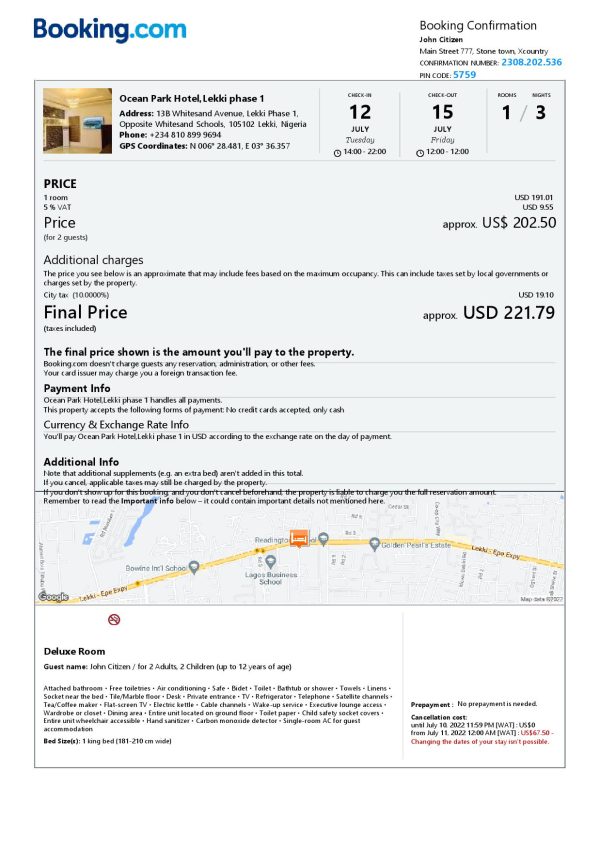 Nigeria hotel booking confirmation Word and PDF template, 2 pages