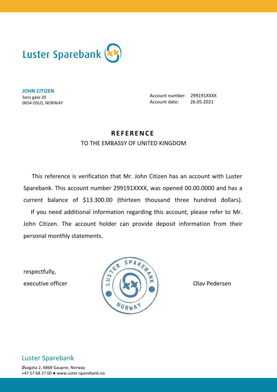 Download Norway Luster Sparebank Bank Reference Letter Templates | Editable Word