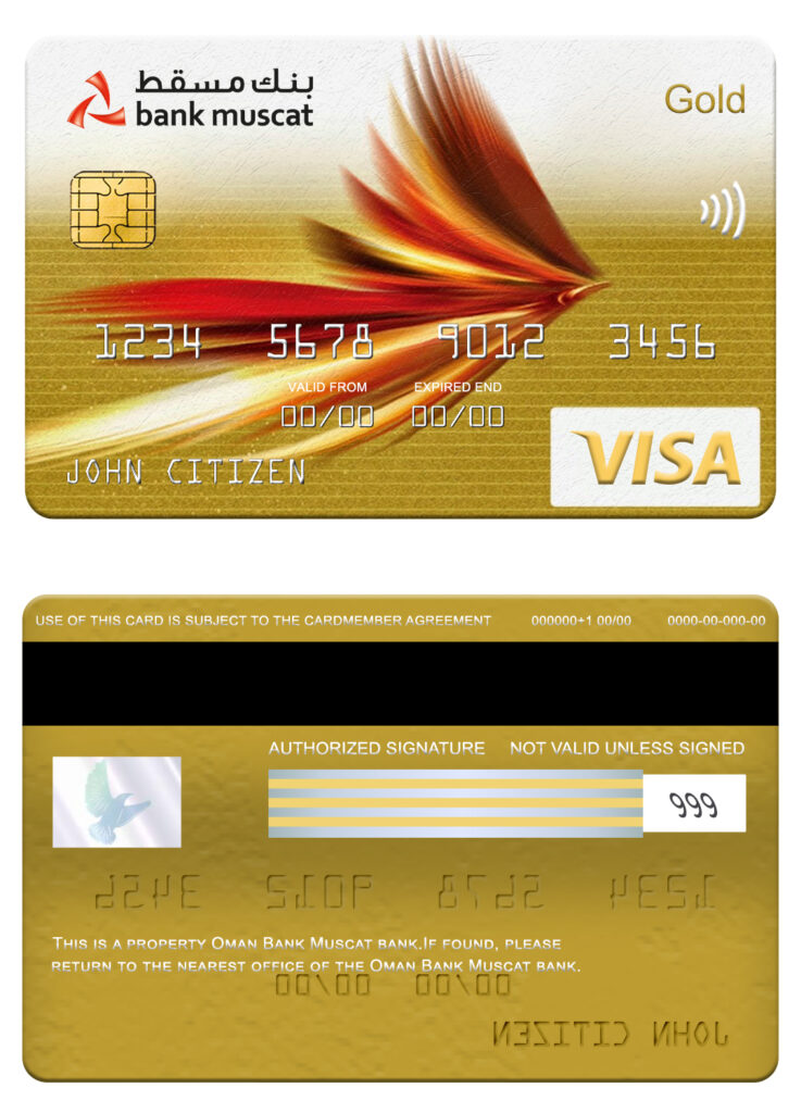 Editable Oman Bank Muscat visa gold card Templates in PSD Format