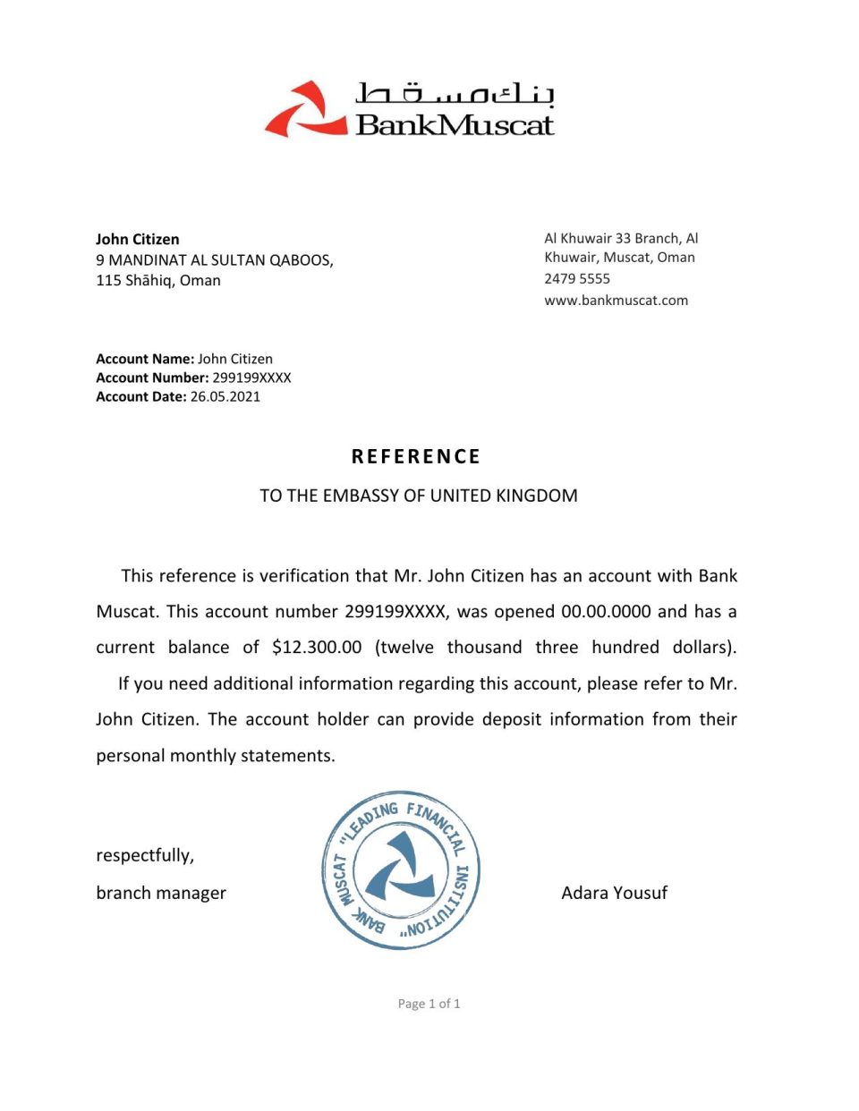 Download Oman Bank Muscat Bank Reference Letter Templates | Editable Word