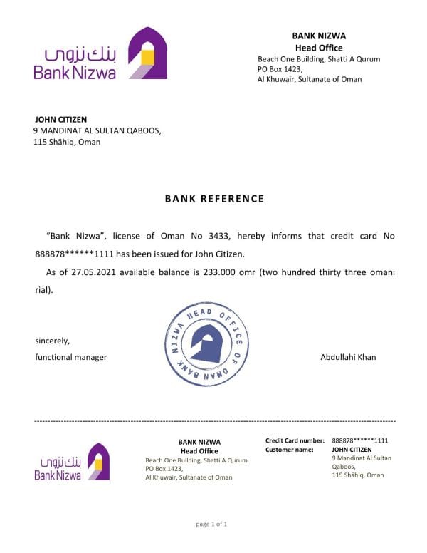 Download Oman Bank Nizwa Bank Reference Letter Templates | Editable Word