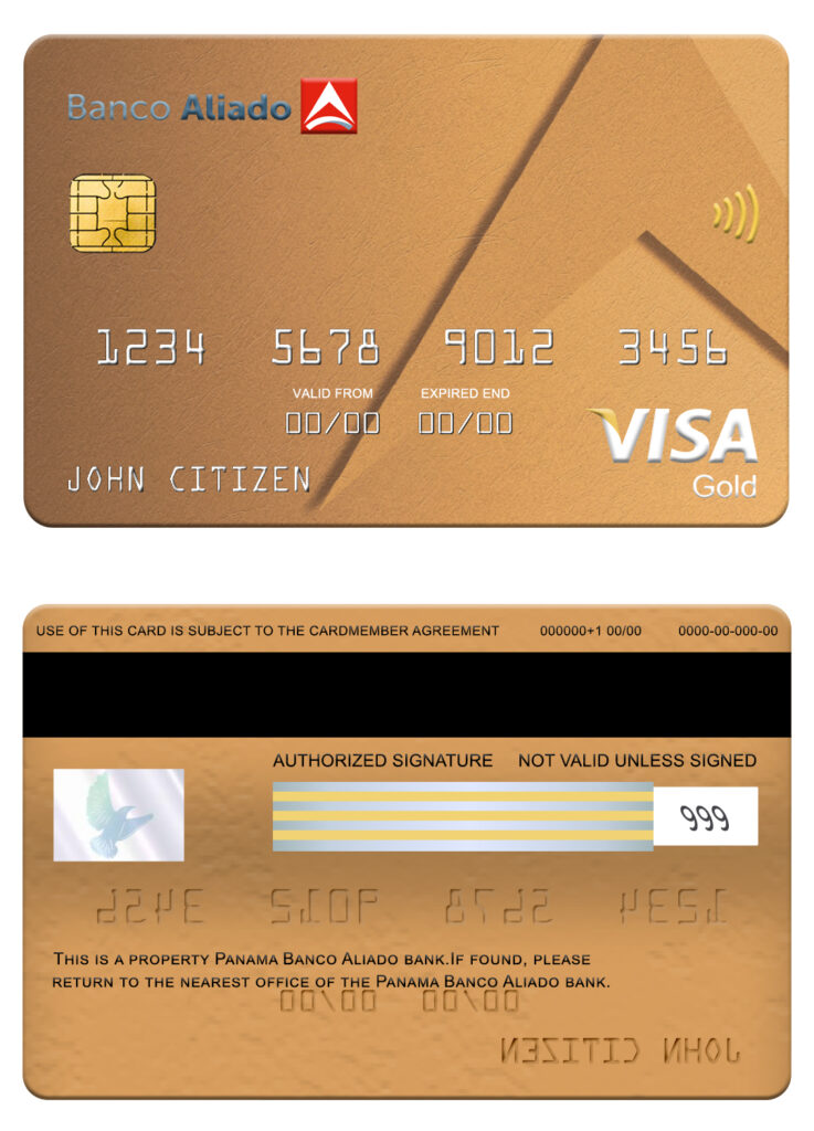 Editable Panama Banco Aliado bank visa gold card Templates